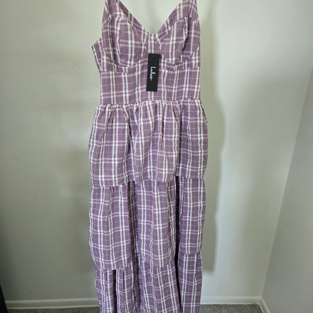 Cutest Flair Lilac Plaid Sleeveless BusWtier Tiered Midi Dress Lulus Size M